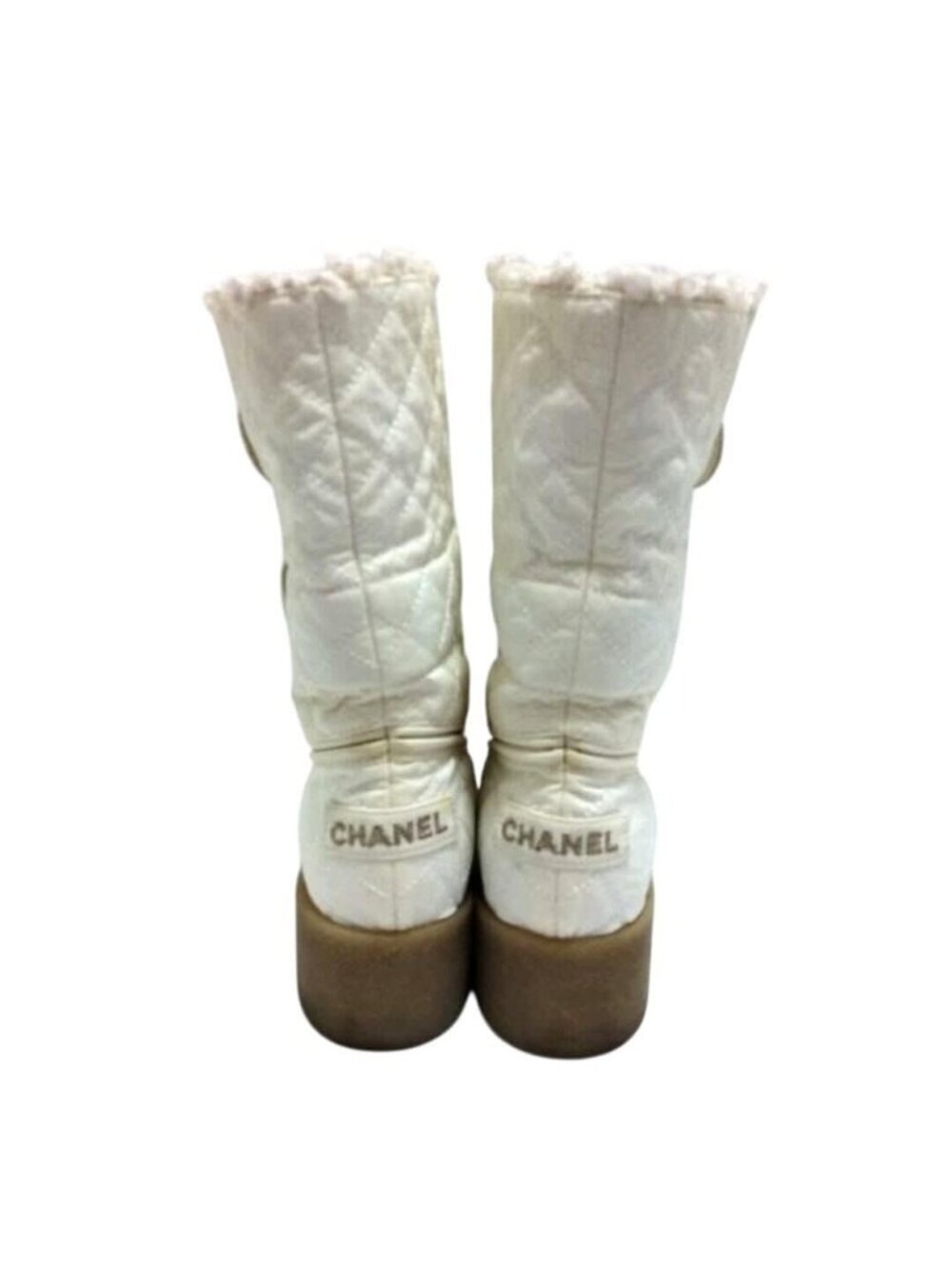 Chanel Quilted Leather Fur Boots Shoes White Gold CC Logo 37 - Picture 3 of 6